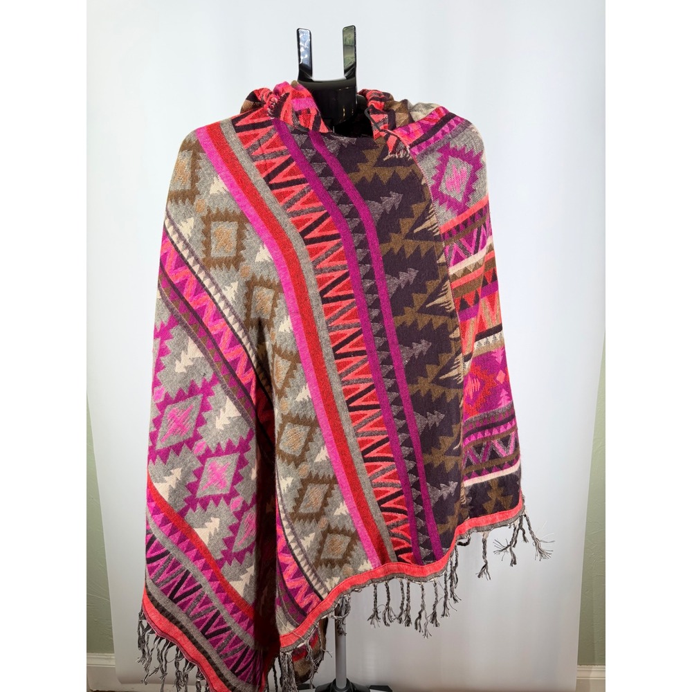 Boho Hooded Poncho Southwestern Geometric Fringe Pink Purple Acrylic Wrap OS